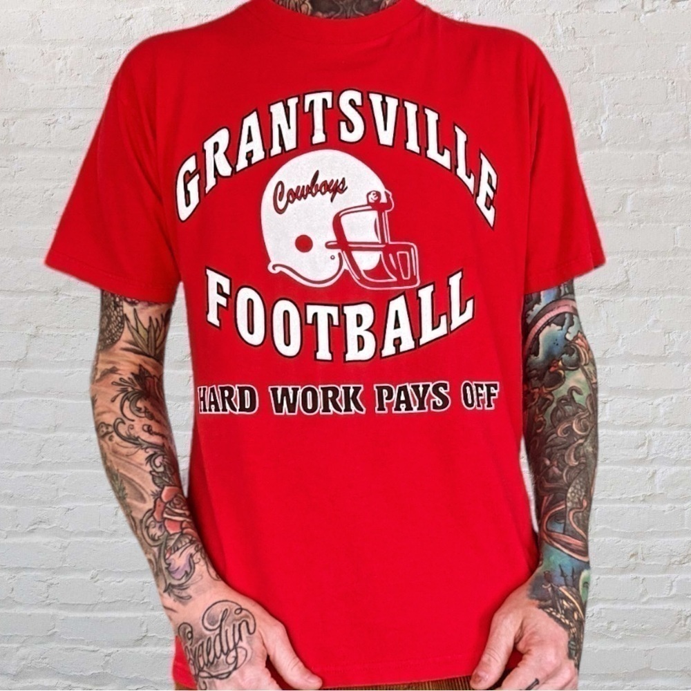 90s Red Lee sports football shirt
Grantsville Utah Cowboys 
Made in USA men’s L